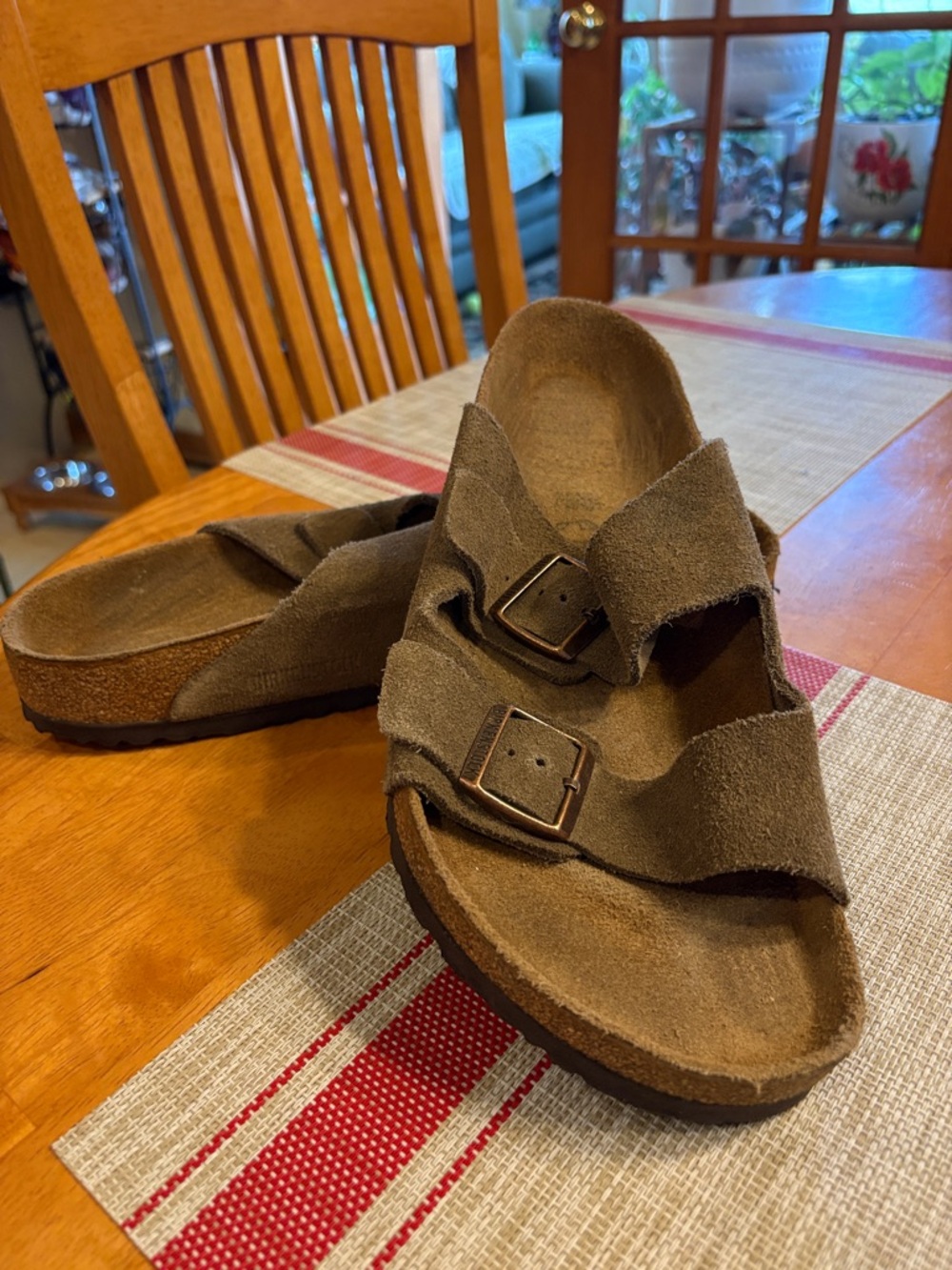 Birkenstock Brown Suede Two-Strap Slide Sandals